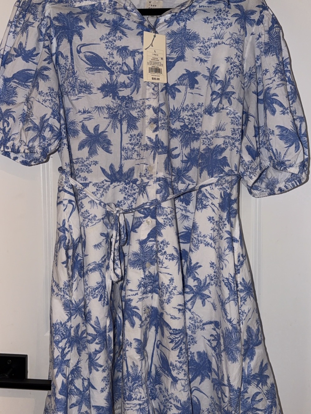a new day Blue & White Tropical Print Button-Front Shirt Dress - Picture 3 of 3